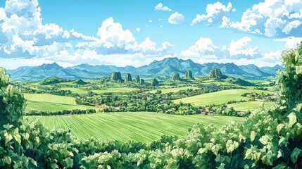 Fototapeta premium Stunning Lush Green Valley and Rolling Hills with Majestic Mountains and Blue Sky Clouds Landscape - Nature, Countryside, Scenery, Outdoors, Scenic View