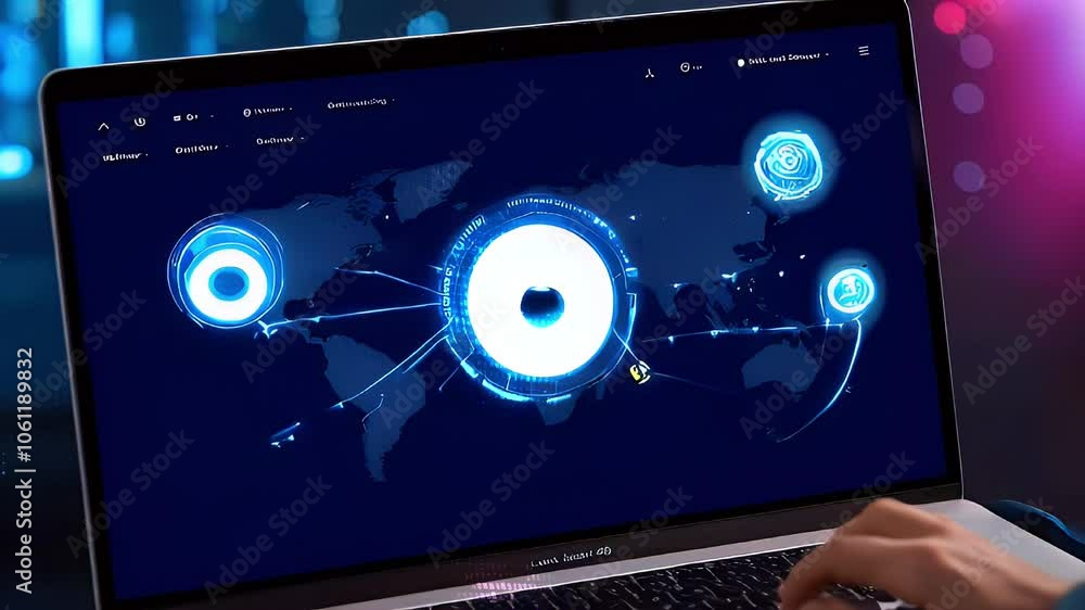 Aufkleber close up of a laptop screen with a blue interface showing a play button icon and network connections