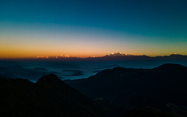 Landscape view of Shining Mountain range during sunrise in Dhading, Nepal.