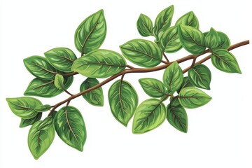 A detailed illustration of a green leaves branch on a white isolate background.