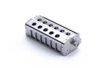 A detailed view of a silver engine block on a white isolated background.