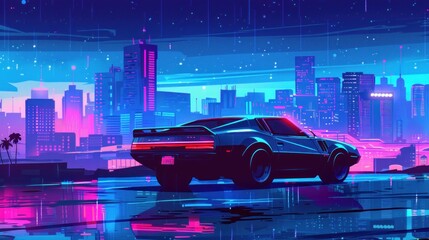 vintage sports car in a futuristic cyberpunk city.