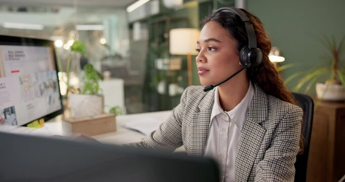 Woman, call center and reading with laptop in office for consulting, advice or thinking for strategy at night. Person, agent and review with headset, voip and project for company growth at help desk