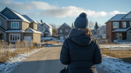 Snow-Covered Suburban Neighborhood in Winter with Person Walking on Path