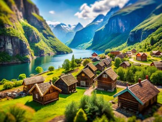 Obraz premium Enchanting Tilt-Shift Viking Village in Norway - Scenic Landscapes, Traditional Architecture, Stunning Fjords, Historical Reenactments, Nordic Culture, Miniature Effect, Travel Destination