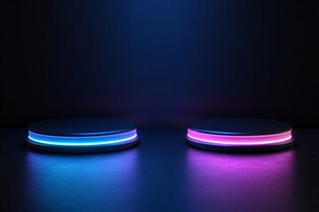 Set of empty neon podium on dark background. 3D render style. Modern product display. Cyber Monday, Black Friday, 11.11 concept. Futuristic tech platform for product presentation. Mockup for design