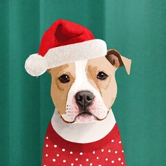 Festive Dog in Santa Hat and Sweater