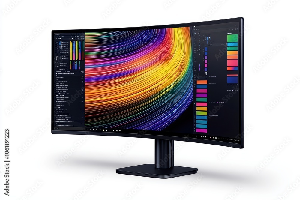 Poster curved computer monitor displaying vibrant color spectrum and design software interface, isolated on