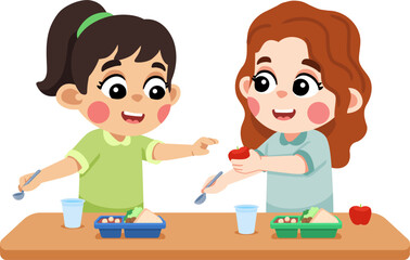 Kid Helping Friend Sharing His Food