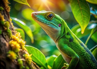 Obraz premium Exotic Green Lizard Camouflaged in Lush Greenery - Nature's Perfect Blend of Wildlife and Flora