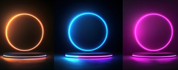 Set of empty neon podium on dark background. 3D render style. Modern product display. Cyber Monday, Black Friday, 11.11 concept. Futuristic tech platform for product presentation. Mockup for design
