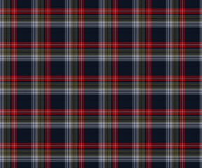 Plaid fabric pattern, navy, gray, green, red, modern seamless cross lines pattern for textile and clothing design, skirt, pants, apron, tablecloth, blanket or decoration. Vector illustration.