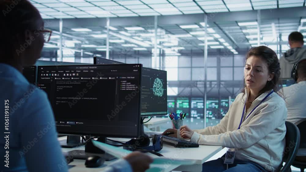 Poster manager checking project progress of engineer programming in ai data center used for machine learnin