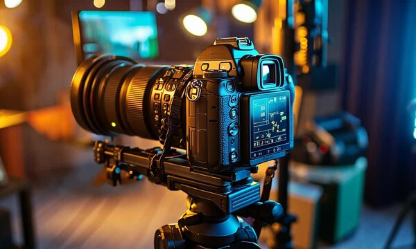 A camera mounted on a tripod, ready for photography in a studio setting.