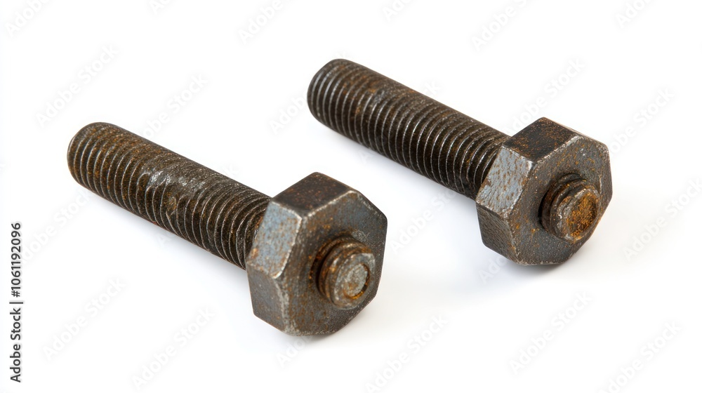 Poster two rusty bolts with hexagonal heads, used for fastening objects together.