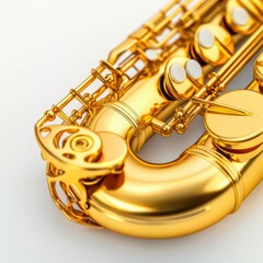 Golden saxophone on a white isolate background, showcasing detailed craftsmanship and elegance.