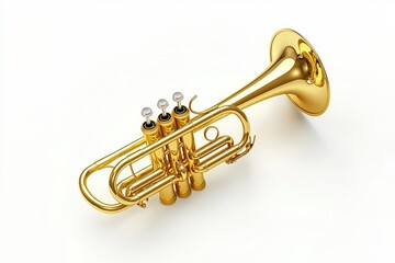 Obraz premium Golden trumpet on a white isolated background, showcasing its elegant design and shiny surface.