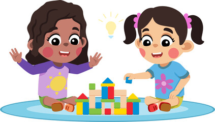 Kid Helping a Friend Build Something With Blocks