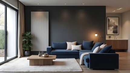 House electric heater radiator in the living room for cold winter season rooms in uk concept, with copy space 
