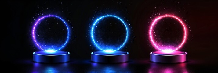 Set of empty neon podium on dark background. 3D render style. Modern product display. Cyber Monday, Black Friday, 11.11 concept. Futuristic tech platform for product presentation. Mockup for design