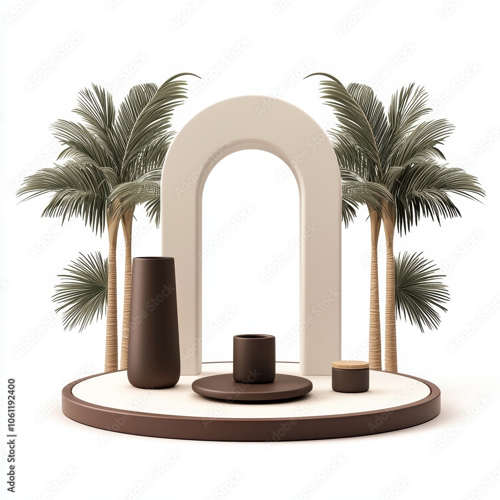 Poster modern decor with vases and palm trees on a platform, white isolate background.