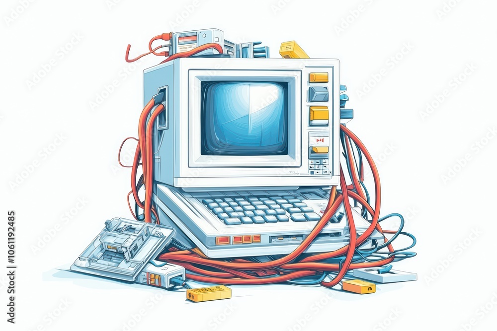Poster old computer with tangled cords, isolated on a white background.