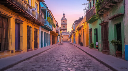 Fototapeta premium A tranquil cobblestone street lined with vibrant historic buildings, capturing the serene atmosphere at dusk