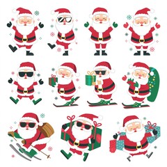 Set of twelve fun vector Santa Claus characters depicted dancing, skiing, and celebrating the Christmas holiday while carrying presents and wearing sunglasses.