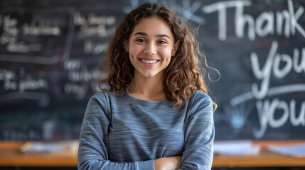 A photo of the text "Thank you" written on a blackboard with a smiling female teacher standing in front