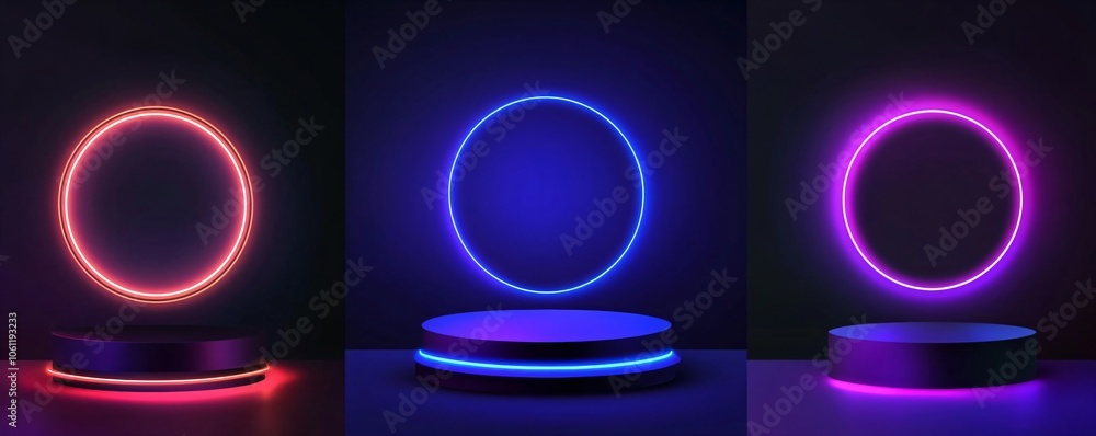 Poster set of empty neon podium on dark background. 3d render style. modern product display. cyber monday, 