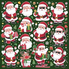 A cheerful vector illustration collection of funny Santa Claus characters showing different poses, expressions, and Christmas activities perfect for holiday stickers.