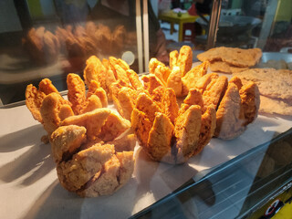 Delicious fried meatballs or Bakso Goreng in the glass box