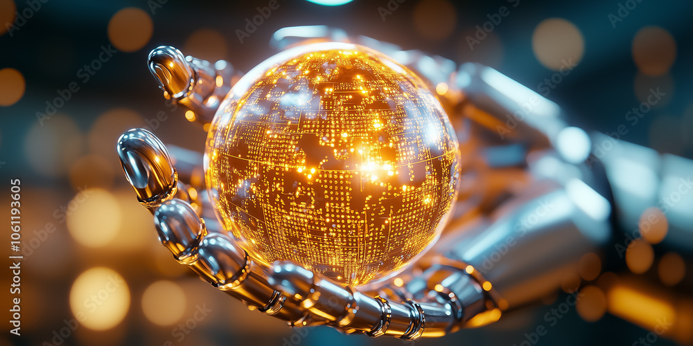 Poster a robotic hand extends towards a digital globe, representing advanced technology and its global impa