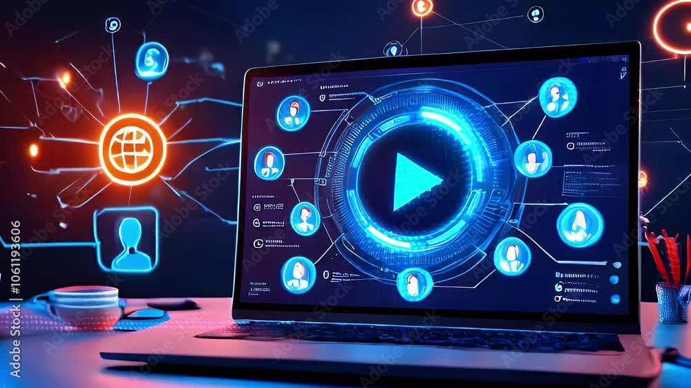 Poster a laptop with a glowing play button on the screen, surrounded by icons and a network of lines, sugge