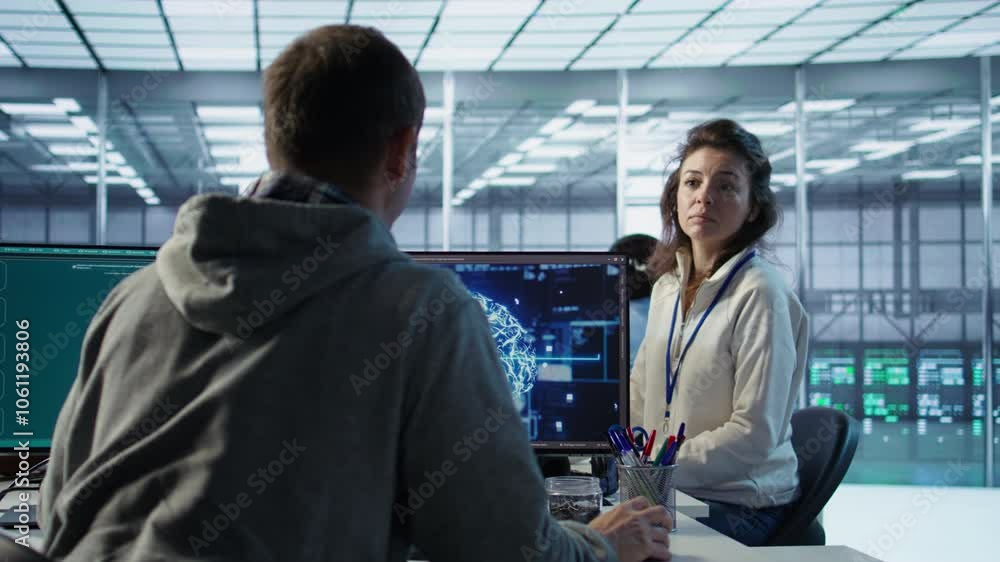 Poster engineer in server room chitchatting with colleague while making ai generating videos software. it e