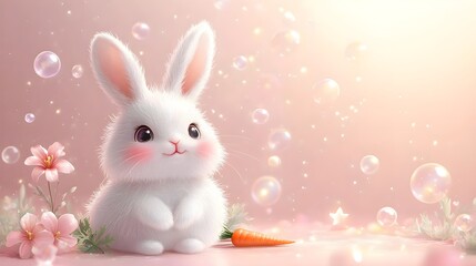 A cute bunny character with fluffy white fur and pink ears is set against a soft pink background with bubbles and stars alongside a small carrot