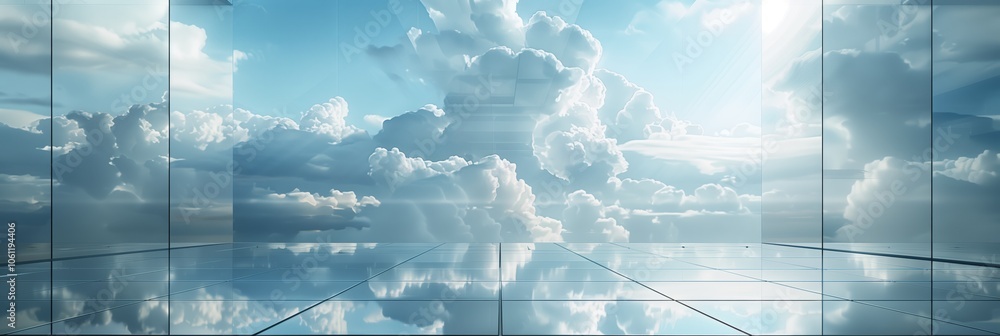 Poster a subtle grid pattern of light blue squares on the background, with clouds in shades of white and gr