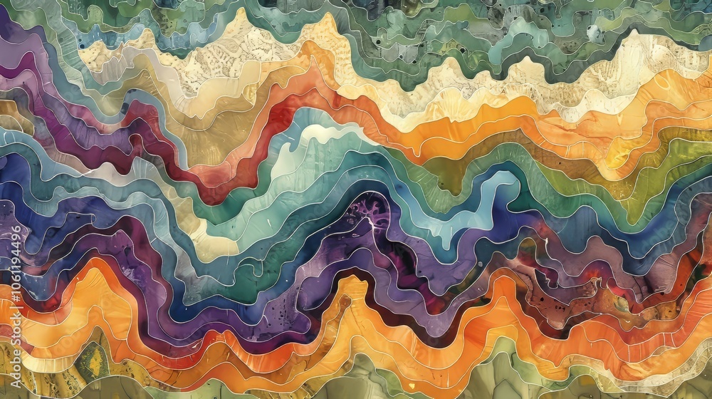 Poster a vibrant abstract wave pattern mimicking geological formations, featuring deep purples, bright oran