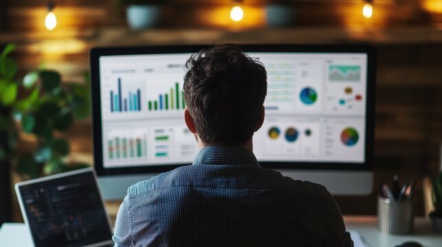 Data Analyst Reviewing Financial Charts and Graphs on Computer Screens