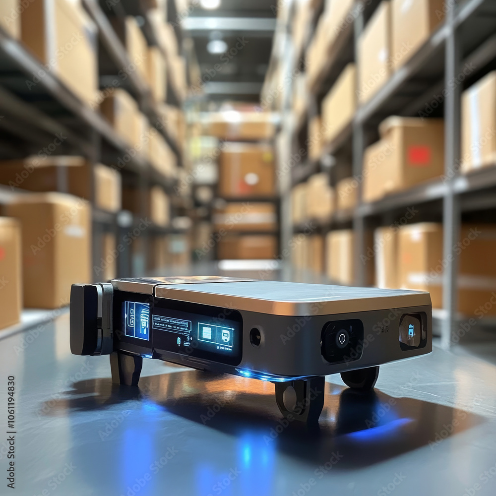 Poster high tech delivery system utilizing ar for real time package tracking in warehouse. device showcases