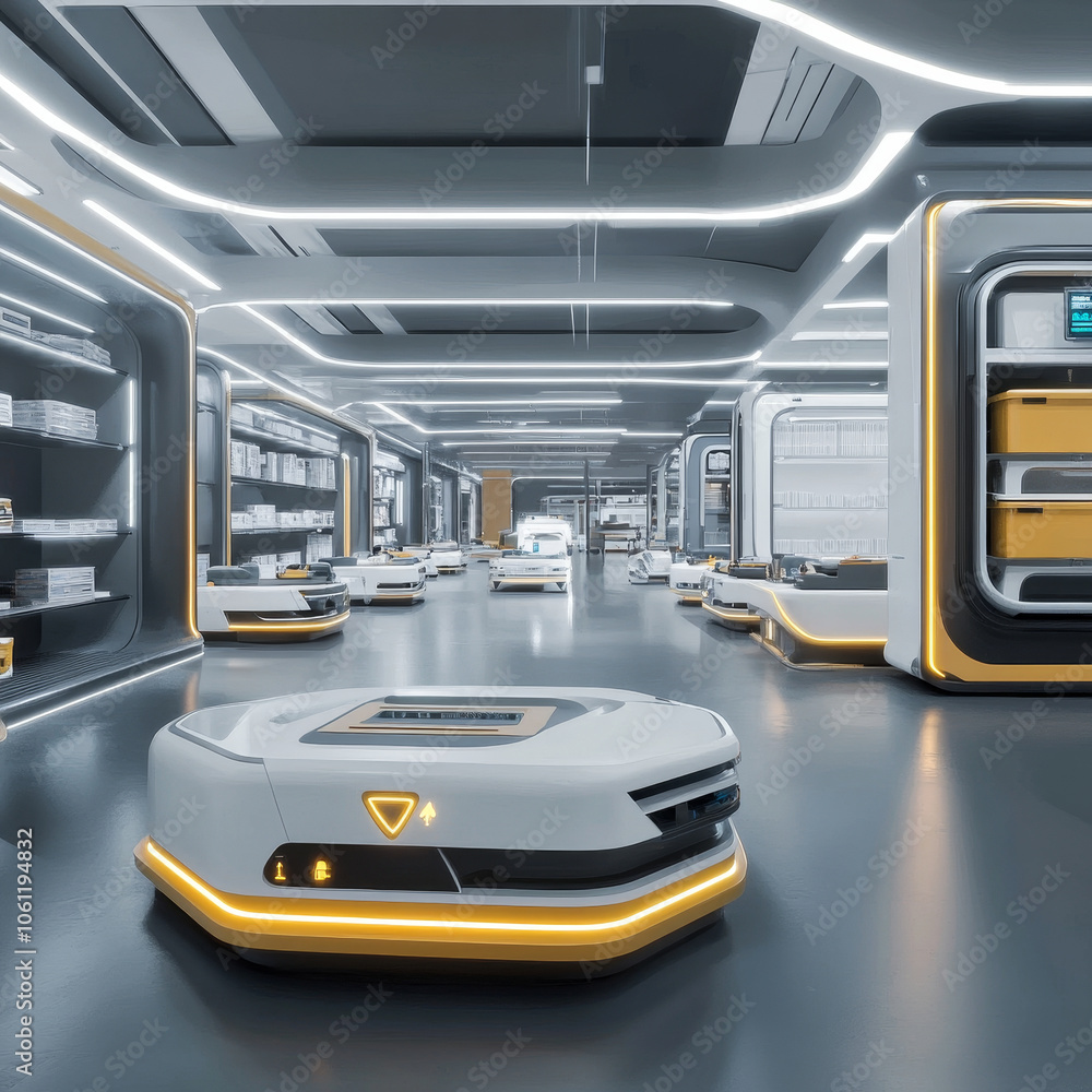 Poster high tech logistics center featuring advanced ar technology and automated robots. sleek design enhan