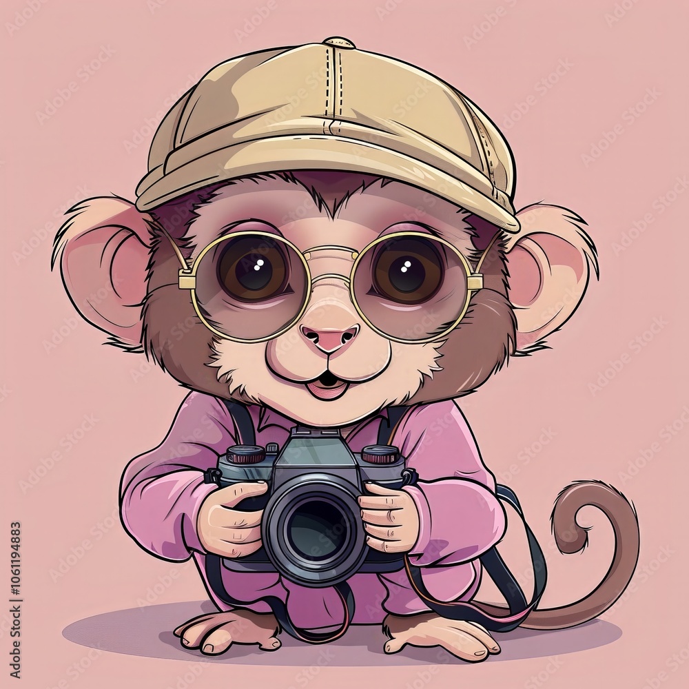 Aufkleber a cheerful monkey with large glasses and a hat poses while holding a camera. the background is a sol