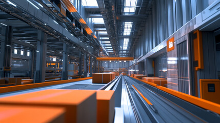 Fototapeta premium futuristic warehouse featuring advanced technology and augmented reality interfaces, showcasing sleek design with orange accents and automated systems