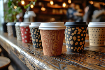 a collection of reusable coffee cups in different styles on a caf table.