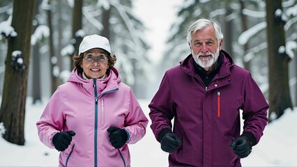 Elderly couple doing sports: an elderly woman and an elderly man running through a snowy forest