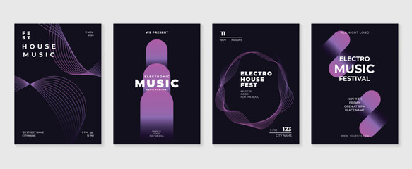 Music poster design background vector set. Electro Sound Cover template with vibrant abstract gradient geometric shape and line wave. Ideal design for social media, flyer, party, music festival, club.