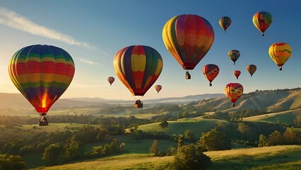 Fototapeta premium Colorful Hot Air Balloons Over Scenic Landscape