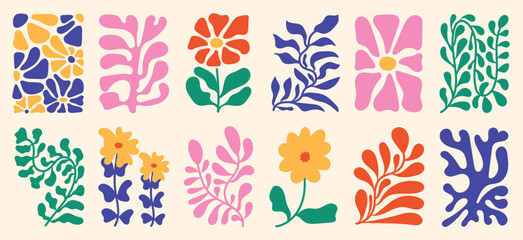 Botanical doodle background art vector set. Flower and leaves abstract shape doodle art design for print, wallpaper, clipart, wall art for home decoration.