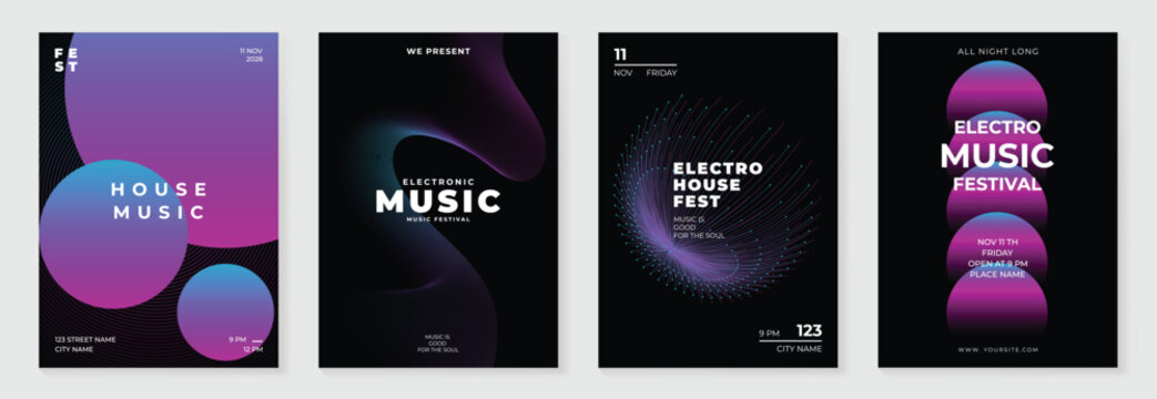 Music poster design background vector set. Electro Sound Cover template with vibrant abstract gradient geometric shape and line wave. Ideal design for social media, flyer, party, music festival, club.