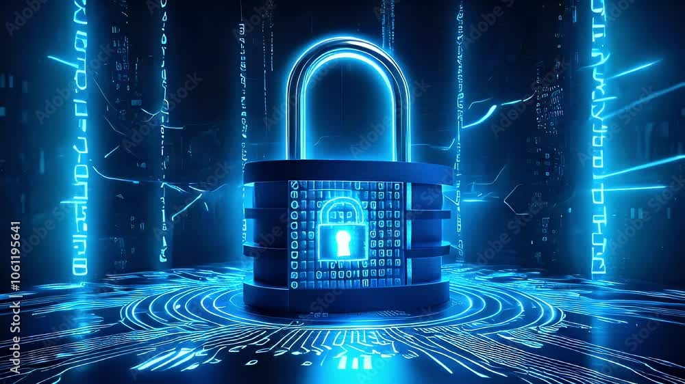 Poster a glowing blue padlock sits on a digital circuit board surrounded by binary code.